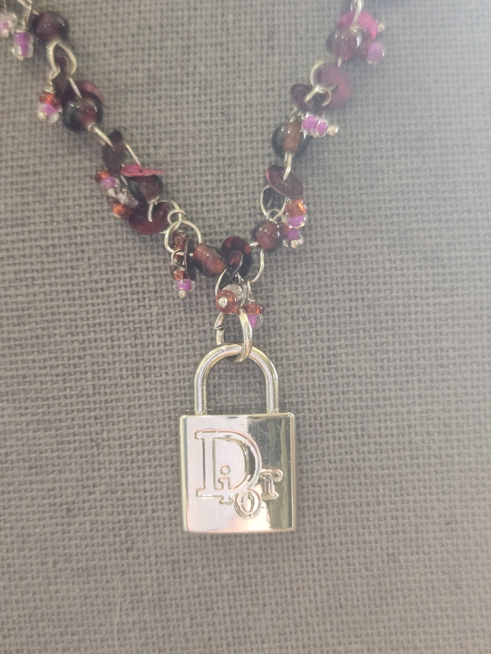 Pink Beaded Necklace with Silver Dior Repurposed Lock